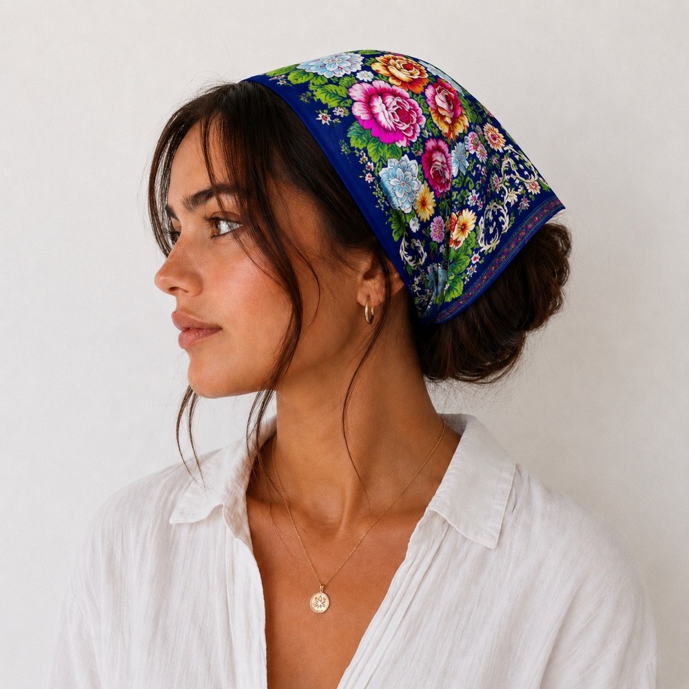 Floral Scarf Colorful‎ Blue Cottage Grandma Heirloom Garden Versatile Accessory